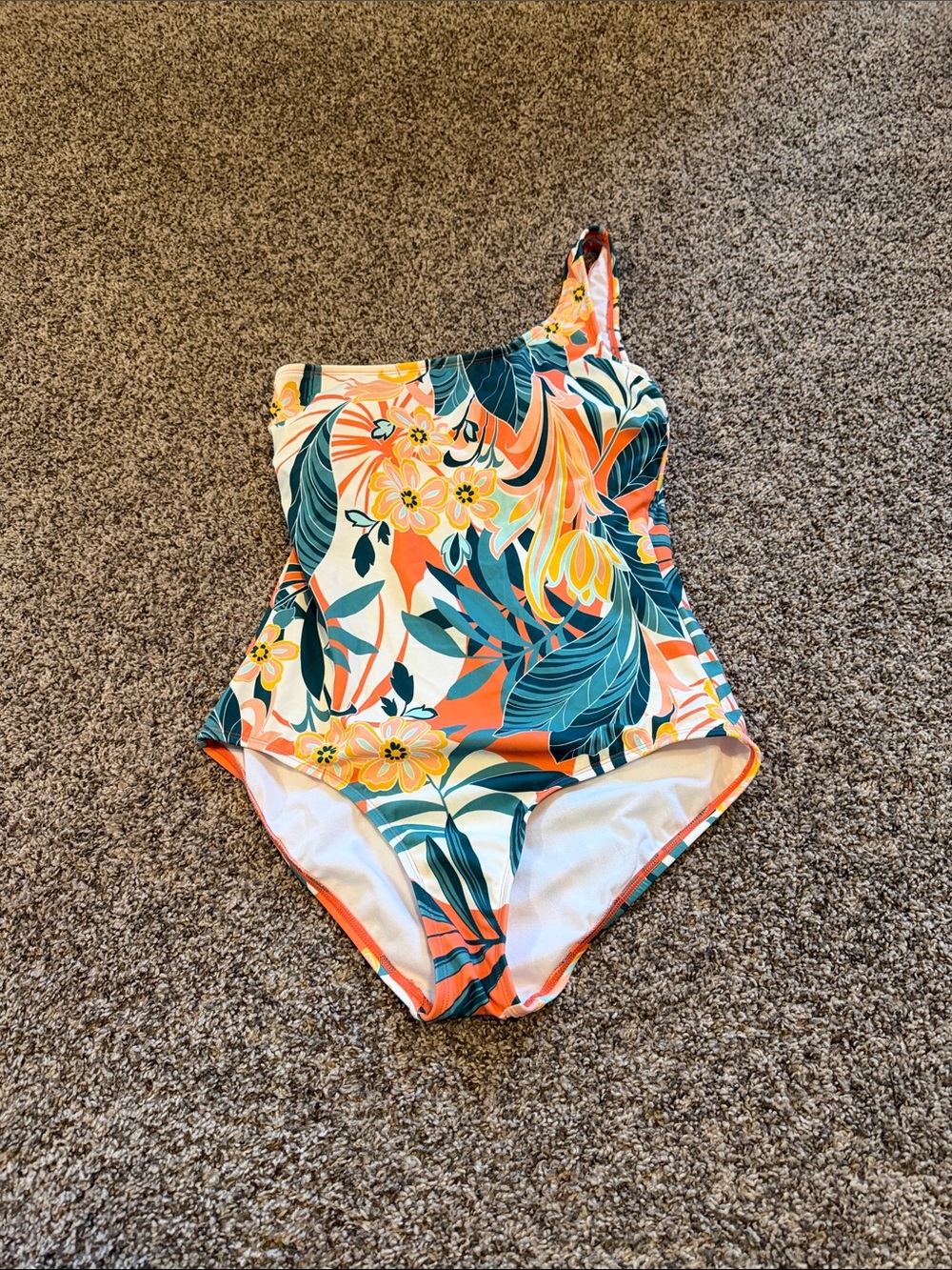 Jantzen Women's One-Shoulder Floral Swimsuit in Orange, Teal & Yellow Size 10